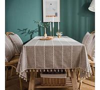 Plancholo Nappe de table à rayures en coton et lin de style rustique avec pompons, infroissable, lavable, pour cuisine, fête (café, rectangulaire/Oblong, 139,7 x 300 cm)
