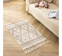 Plancholo Petit tapis de salle de bain bohème en coton avec pompons pour buanderie, couloir, entrée, 61 x 91 cm