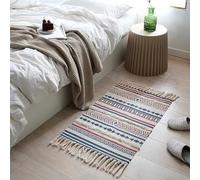 Plancholo Petit tapis de salle de bain bohème en coton avec pompons pour buanderie, couloir, entrée, 61 x 91 cm