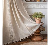 Plancholo Rideau Boho 221 cm de Longueur 1 Panneau Beige Crochet Dentelle Patchwork Rideau Semi-Transparent Ferme Rustique avec Passe-tringle et Tasses pour Chambre à Coucher Salon (150 x 221 cm)