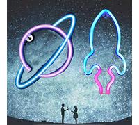 Planet Neon Signs LED Enseigne Murale Au Néon, Bleu-rose Suspendus Veilleuses Fusée USB/Batterie Planète Lampe Neon Light pour Enfants Chambre Fête Danniversaire Bar Décor Mariage (Fusée+Planète)