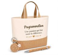 Planetee Cadeau Programmation métier passion | Coffret Kit Remerciement Femme Sac en Jute avec Porte-clés et Stylo Gravé