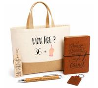 Planetee Coffret Cadeau 36 Ans Mon Age Femme | Sac Cabas Coton et Jute 18 L, Carnet, Stylo Bambou, Porte-Clés, Marque-Page | 5 Pièces Gravées | Anniversaire Noël