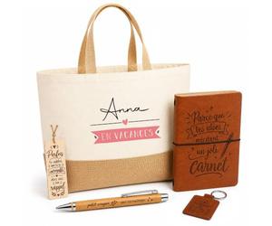 Planetee Coffret Cadeau Anna en Vacances | Sac Cabas Coton et Jute 18 L, Carnet, Stylo Bambou, Porte-Clés, Marque-Page | 5 Pièces Gravées | Anniversaire Noël