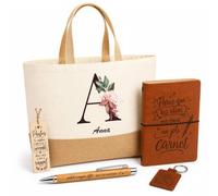 Planetee Coffret Cadeau Anna Lettre | Sac Cabas Coton et Jute 18 L, Carnet, Stylo Bambou, Porte-Clés, Marque-Page | 5 Pièces Gravées | Anniversaire Noël