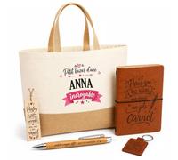 Planetee Coffret Cadeau Bazar Anna Incroyable | Sac Cabas Coton et Jute 18 L, Carnet, Stylo Bambou, Porte-Clés, Marque-Page | 5 Pièces Gravées | Anniversaire Noël