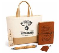 Planetee Coffret Cadeau Beau-Papa Mécanicien | Sac Cabas Coton et Jute 18 L, Carnet, Stylo Bambou, Porte-Clés, Marque-Page | 5 Pièces Gravées | Anniversaire Noël