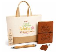 Planetee Coffret Cadeau Expert Comptable Solaire Inspirante | Sac Cabas Coton et Jute 18 L, Carnet, Stylo Bambou, Porte-Clés, Marque-Page | 5 Pièces Gravées | Anniversaire Noël