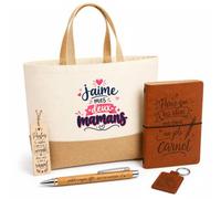 Planetee Coffret Cadeau J'aimes Mes Mamans - Famille Homosexuelle Couple Lesbienne | Sac Cabas Coton et Jute 18 L, Carnet, Stylo Bambou, Porte-Clés, Marque-Page | 5 Pièces Gravées | Anniversaire Noël
