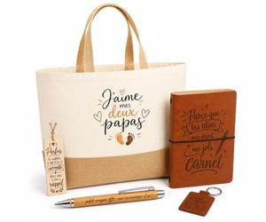 Planetee Coffret Cadeau J'aimes Mes Papas - Famille Homosexuelle Couple Gay | Sac Cabas Coton et Jute 18 L, Carnet, Stylo Bambou, Porte-Clés, Marque-Page | 5 Pièces Gravées | Anniversaire Noël