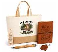 Planetee Coffret Cadeau Juste une fille qui adore la cueillette | Sac Cabas Coton et Jute 18 L, Carnet, Stylo Bambou, Porte-Clés, Marque-Page | 5 Pièces Gravées | Anniversaire Noël Cueilleuse