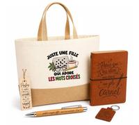 Planetee Coffret Cadeau Juste une fille qui adore les mots croisés | Sac Cabas Coton et Jute 18 L, Carnet, Stylo Bambou, Porte-Clés, Marque-Page | 5 Pièces Gravées | Anniversaire Noël Cruciverbiste