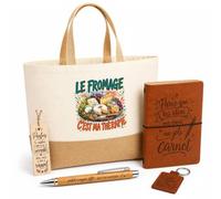 Planetee Coffret Cadeau Le Fromage C'est Ma Thérapie | Sac Cabas Coton et Jute 18 L, Carnet, Stylo Bambou, Porte-Clés, Marque-Page | 5 Pièces Gravées | Anniversaire Noël