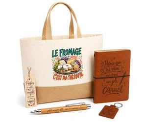 Planetee Coffret Cadeau Le Fromage C'est Ma Thérapie | Sac Cabas Coton et Jute 18 L, Carnet, Stylo Bambou, Porte-Clés, Marque-Page | 5 Pièces Gravées | Anniversaire Noël
