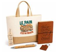 Planetee Coffret Cadeau Le Pain C'est Ma Thérapie | Sac Cabas Coton et Jute 18 L, Carnet, Stylo Bambou, Porte-Clés, Marque-Page | 5 Pièces Gravées | Anniversaire Noël