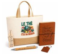 Planetee Coffret Cadeau Le Thé C'est Ma Thérapie | Sac Cabas Coton et Jute 18 L, Carnet, Stylo Bambou, Porte-Clés, Marque-Page | 5 Pièces Gravées | Anniversaire Noël