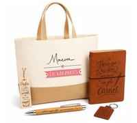 Planetee Coffret Cadeau Maeva en Vacances | Sac Cabas Coton et Jute 18 L, Carnet, Stylo Bambou, Porte-Clés, Marque-Page | 5 Pièces Gravées | Anniversaire Noël