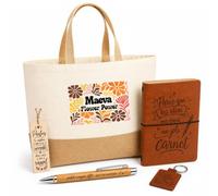 Planetee Coffret Cadeau Maeva Flower Power | Sac Cabas Coton et Jute 18 L, Carnet, Stylo Bambou, Porte-Clés, Marque-Page | 5 Pièces Gravées | Anniversaire Noël