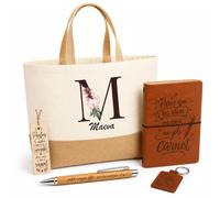 Planetee Coffret Cadeau Maeva | Sac Cabas Coton et Jute 18 L, Carnet, Stylo Bambou, Porte-Clés, Marque-Page | 5 Pièces Gravées | Anniversaire Noël