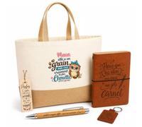 Planetee Coffret Cadeau Maïa Chouette Grain | Sac Cabas Coton et Jute 18 L, Carnet, Stylo Bambou, Porte-Clés, Marque-Page | 5 Pièces Gravées | Anniversaire Noël