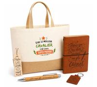 Planetee Coffret Cadeau Meilleur Cavalier Super Pouvoir | Sac Cabas Coton et Jute 18 L, Carnet, Stylo Bambou, Porte-Clés, Marque-Page | 5 Pièces Gravées | Anniversaire Noël