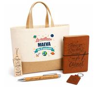 Planetee Coffret Cadeau Meilleure Maeva de l'Univers | Sac Cabas Coton et Jute 18 L, Carnet, Stylo Bambou, Porte-Clés, Marque-Page | 5 Pièces Gravées | Anniversaire Noël