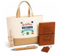 Planetee Coffret Cadeau Meilleure Victoria de l'Univers | Sac Cabas Coton et Jute 18 L, Carnet, Stylo Bambou, Porte-Clés, Marque-Page | 5 Pièces Gravées | Anniversaire Noël