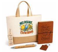 Planetee Coffret Cadeau Mes Oiseaux C'est Ma Thérapie | Sac Cabas Coton et Jute 18 L, Carnet, Stylo Bambou, Porte-Clés, Marque-Page | 5 Pièces Gravées | Anniversaire Noël