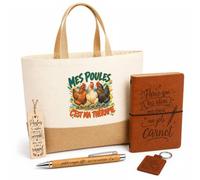 Planetee Coffret Cadeau Mes Poules C'est Ma Thérapie | Sac Cabas Coton et Jute 18 L, Carnet, Stylo Bambou, Porte-Clés, Marque-Page | 5 Pièces Gravées | Anniversaire Noël