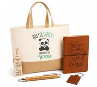 Planetee Coffret Cadeau Victoria Bas les Pattes Panda | Sac Cabas Coton et Jute 18 L, Carnet, Stylo Bambou, Porte-Clés, Marque-Page | 5 Pièces Gravées | Anniversaire Noël
