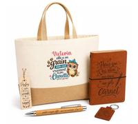 Planetee Coffret Cadeau Victoria Chouette Grain | Sac Cabas Coton et Jute 18 L, Carnet, Stylo Bambou, Porte-Clés, Marque-Page | 5 Pièces Gravées | Anniversaire Noël