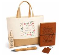 Planetee Coffret Cadeau Victoria d'Amour Fleurs | Sac Cabas Coton et Jute 18 L, Carnet, Stylo Bambou, Porte-Clés, Marque-Page | 5 Pièces Gravées | Anniversaire Noël