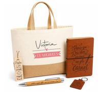 Planetee Coffret Cadeau Victoria en Vacances | Sac Cabas Coton et Jute 18 L, Carnet, Stylo Bambou, Porte-Clés, Marque-Page | 5 Pièces Gravées | Anniversaire Noël