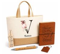 Planetee Coffret Cadeau Victoria Lettre | Sac Cabas Coton et Jute 18 L, Carnet, Stylo Bambou, Porte-Clés, Marque-Page | 5 Pièces Gravées | Anniversaire Noël