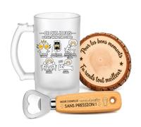 Planetee Coffret Chope Apéro Temps Libre | Verre Givré 470 ml, Décapsuleur Gravé, Sous-Verre Bois, 3 Pièces, Cadeau Noël Homme Passionné Humour Original Anniversaire
