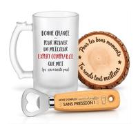 Planetee Coffret Chope Bonne Chance Expert Comptable | Verre Givré 470 ml, Décapsuleur Gravé, Sous-Verre Bois, 3 Pièces, Cadeau Noël Collègue Homme Départ Retraite Remerciement