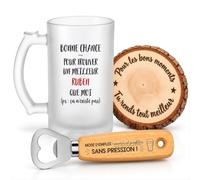 Planetee Coffret Chope de Bière Bonne Chance Ruben | Verre Givré 470 ml, Décapsuleur Gravé, Sous-Verre Bois | 3 Pièces | Cadeau Noël Homme Anniversaire Fête Original