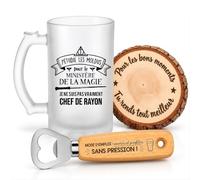 Planetee Coffret Chope de Bière Chef de Rayon Ministère Magie | Verre Givré 470 ml, Décapsuleur Gravé, Sous-Verre Bois | 3 Pièces | Cadeau Noël Collègue Homme Départ Retraite Remerciement