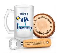 Planetee Coffret Chope de Bière Joseph en Vacances | Verre Givré 470 ml, Décapsuleur Gravé, Sous-Verre Bois | 3 Pièces | Cadeau Noël Homme Anniversaire Fête Original