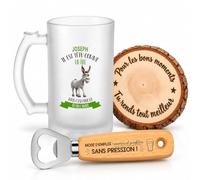 Planetee Coffret Chope de Bière Joseph il est têtu comme un âne mais c'est pour ça qu'on l'adore | Chope Verre Givré 470 ml, Décapsuleur Gravé, Dessous de Verre Bois | 3 Pièces