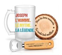 Planetee Coffret Chope de Bière Joseph Mythe Légende | Verre Givré 470 ml, Décapsuleur Gravé, Sous-Verre Bois | 3 Pièces | Cadeau Noël Homme Anniversaire Fête Original
