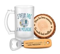 Planetee Coffret Chope de Bière J'peux pas J'ai Mosaïque | Verre Givré 470 ml, Décapsuleur Gravé, Sous-Verre Bois | 3 Pièces | Cadeau Noël Homme Passionné Humour Original Anniversaire