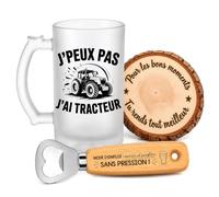 Planetee Coffret Chope de Bière J'peux pas J'ai Tracteur | Verre Givré 470 ml, Décapsuleur Gravé, Sous-Verre Bois | 3 Pièces | Cadeau Noël Homme Passionné Humour Original Anniversaire