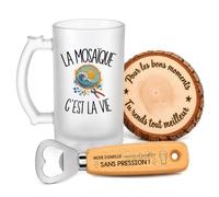 Planetee Coffret Chope de Bière La Mosaïque c'est la Vie | Verre Givré 470 ml, Décapsuleur Gravé, Sous-Verre Bois | 3 Pièces | Cadeau Noël Homme Passionné Humour Original Anniversaire