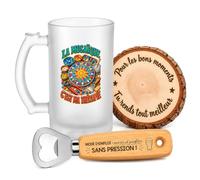 Planetee Coffret Chope de Bière La Mosaïque Ma Thérapie | Verre Givré 470 ml, Décapsuleur Gravé, Sous-Verre Bois | 3 Pièces | Cadeau Noël Homme Passionné Humour Original Anniversaire