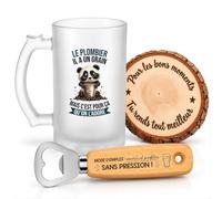 Planetee Coffret Chope de Bière Le Plombier a un Grain | Verre Givré 470 ml, Décapsuleur Gravé, Sous-Verre Bois | 3 Pièces | Cadeau Noël Collègue Homme Départ Retraite Remerciement
