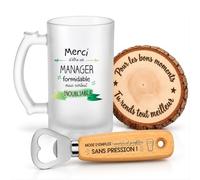 Planetee Coffret Chope de Bière Manager Inoubliable Homme | Verre Givré 470 ml, Décapsuleur Gravé, Sous-Verre Bois | 3 Pièces | Cadeau Noël Collègue Départ Retraite Remerciement