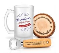 Planetee Coffret Chope de Bière Meilleur Chef de Rayon du Monde | Verre Givré 470 ml, Décapsuleur Gravé, Sous-Verre Bois | 3 Pièces | Cadeau Noël Collègue Homme Départ Retraite Remerciement