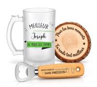 Planetee Coffret Chope de Bière Meilleur Joseph de Tous les Temps | Verre Givré 470 ml, Décapsuleur Gravé, Sous-Verre Bois | 3 Pièces | Cadeau Noël Homme Anniversaire Fête Original
