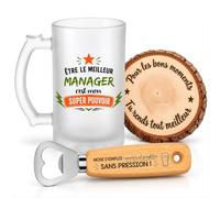 Planetee Coffret Chope de Bière Meilleur Manager Super Pouvoir | Verre Givré 470 ml, Décapsuleur Gravé, Sous-Verre Bois | 3 Pièces | Cadeau Noël Collègue Homme Départ Retraite Remerciement